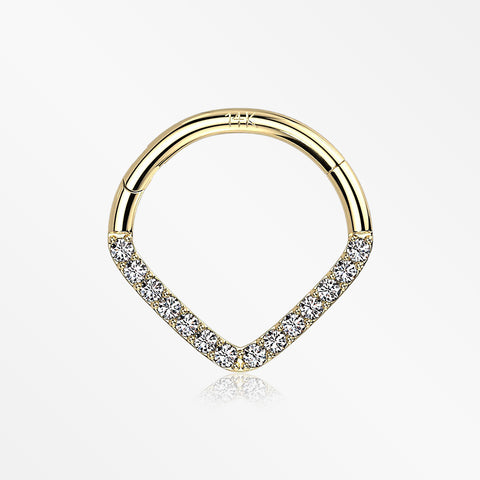 14 Karat Gold Brilliant Sparkle Chevron Clicker Hoop Ring-Clear Gem