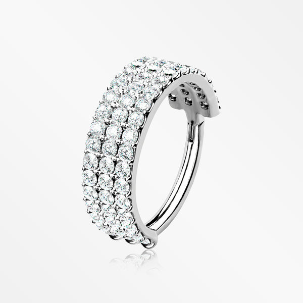 14 Karat White Gold Brilliant Sparkle Triple Lined Gems Seamless Clicker Hoop Ring-Clear