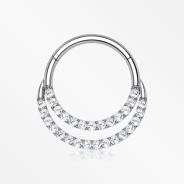 14 Karat White Gold Brilliant Sparkle Double Loop Lined Gems Seamless Clicker Hoop Ring-Clear