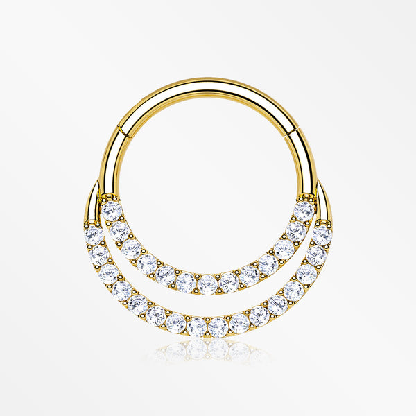 14 Karat Gold Brilliant Sparkle Double Loop Lined Gems Seamless Clicker Hoop Ring-Clear