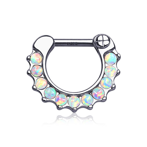 14 Karat White Gold Fire Opal Sparkle Loop Clicker Ring-White Opal