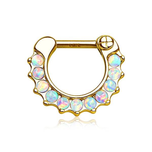 14 Karat Gold Fire Opal Sparkle Loop Clicker Ring-White Opal