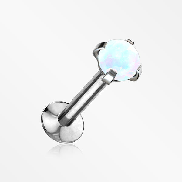 Fire Opal Prong Set Top Threadless Push-In Steel Labret-White Opal
