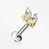 Golden Marquise Sparkle Leaf Top Threadless Push-In Steel Labret-Clear