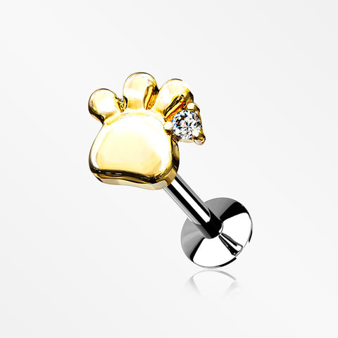 Golden Adorable Sparkle Paw Top Threadless Push-In Steel Labret-Clear