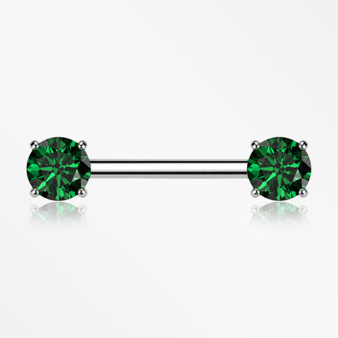 A Pair of Implant Grade Titanium OneFit Threadless Prong Gem Sparkle Nipple Barbell-Emerald