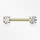 A Pair of Implant Grade Titanium Gold PVD OneFit Threadless Prong Gem Sparkle Nipple Barbell-Clear Gem