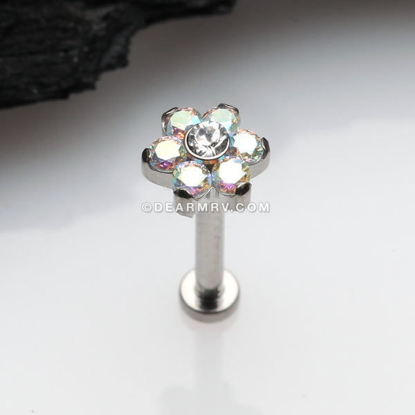 Detail View 1 of Implant Grade Titanium OneFit™ Threadless Brilliant Sparkle Flower Top Flat Back Stud Labret-Aurora Borealis/Clear Gem
