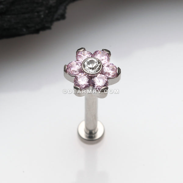 Detail View 1 of Implant Grade Titanium OneFit™ Threadless Brilliant Sparkle Flower Top Flat Back Stud Labret-Pink/Clear Gem