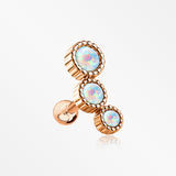 Rose Gold Fire Opal Bubble Trio Sparkle Cartilage Tragus Barbell Earring-White Opal