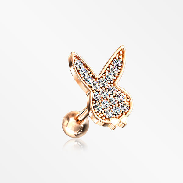 Rose Gold Brilliant Sparkle Playboy Bunny Cartilage Tragus Barbell Earring-Clear