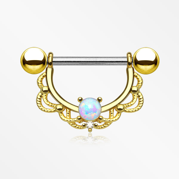 A Pair of Golden Turan Fire Opal Sparkle Dangle Nipple Shield-White Opal