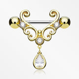 A Pair of Golden Royal Heart Filigree Sparkle Dangle Nipple Shield-Clear