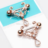 A Pair of Rose Gold Royal Heart Filigree Sparkle Dangle Nipple Shield-Clear