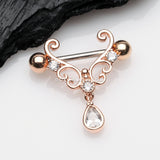 A Pair of Rose Gold Royal Heart Filigree Sparkle Dangle Nipple Shield-Clear