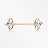 A Pair of Golden Royal Floral Spear Sparkle Elegance Nipple Barbell-Clear Gem