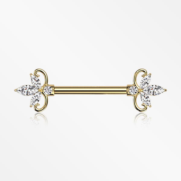 A Pair of Golden Royal Floral Spear Sparkle Elegance Nipple Barbell-Clear Gem
