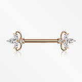A Pair of Rose Gold Royal Floral Spear Sparkle Elegance Nipple Barbell-Clear Gem