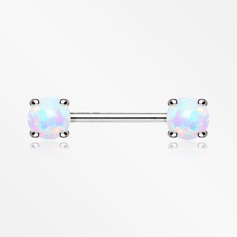 A Pair of Fire Opal Prong Set Sparkle Nipple Barbell-White Opal