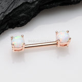 A Pair of Rose Gold Fire Opal Prong Set Sparkle Nipple Barbell-White Opal