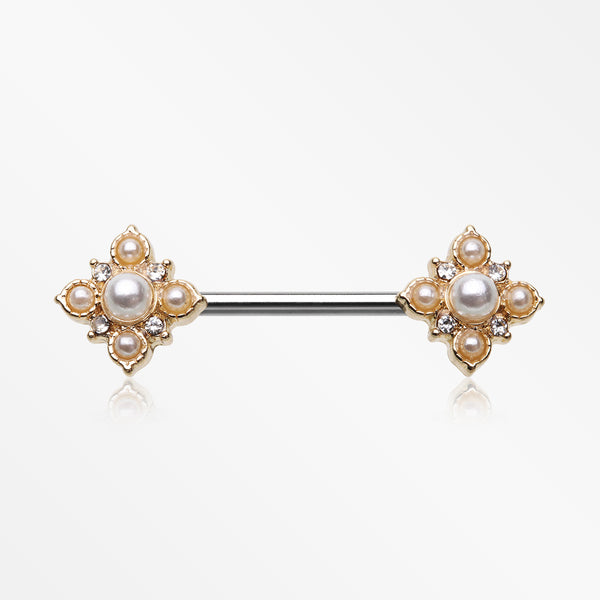 A Pair of Golden Vintage Pearlescent Sparkle Floral Nipple Barbell-Clear/White