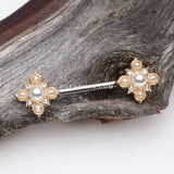 A Pair of Golden Vintage Pearlescent Sparkle Floral Nipple Barbell-Clear/White