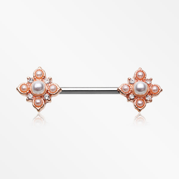 A Pair of Rose Gold Vintage Pearlescent Sparkle Floral Nipple Barbell-Clear/White