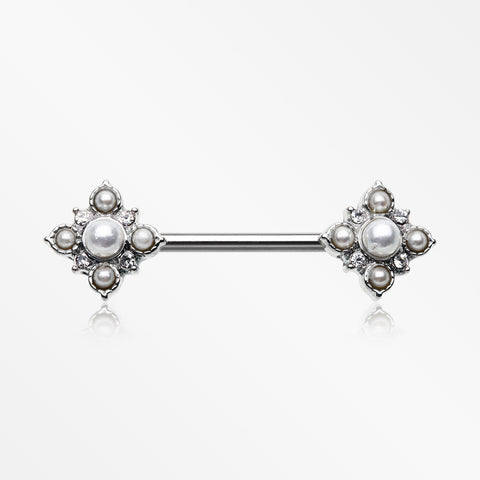 A Pair of Vintage Pearlescent Sparkle Floral Nipple Barbell-Clear/White