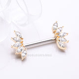 Detail View 1 of A Pair of Golden Brilliant Marquise Sparkle Floral Nipple Barbell-Clear Gem
