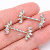 Detail View 2 of A Pair of Golden Brilliant Marquise Sparkle Floral Nipple Barbell-Clear Gem