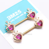 Detail View 3 of A Pair of Golden Majestic Queen's Crown Heart Sparkle Nipple Barbell-Fuchsia