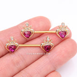 Detail View 2 of A Pair of Golden Majestic Queen's Crown Heart Sparkle Nipple Barbell-Fuchsia