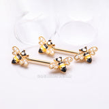 Detail View 1 of A Pair of Golden Adorable Bumble Bee Sparkle Nipple Barbell-Clear Gem