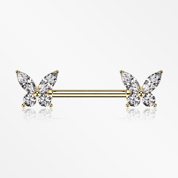 A Pair of Golden Brilliant Sparkle Marquise Butterfly Nipple Barbell-Clear Gem