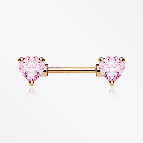 A Pair of Rose Gold Double Heart Gem Nipple Barbell Ring-Pink