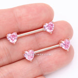 Detail View 2 of A Pair of Rose Gold Double Heart Gem Nipple Barbell Ring-Pink