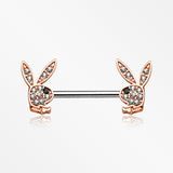 A Pair of Rose Gold Brilliant Multi-Gem Sparkle Playboy Bunny Nipple Barbell-Clear Gem