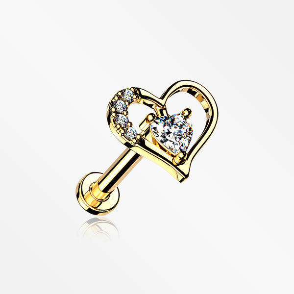 Golden Journey Heart Solitaire Sparkle Internally Threaded Labret-Clear