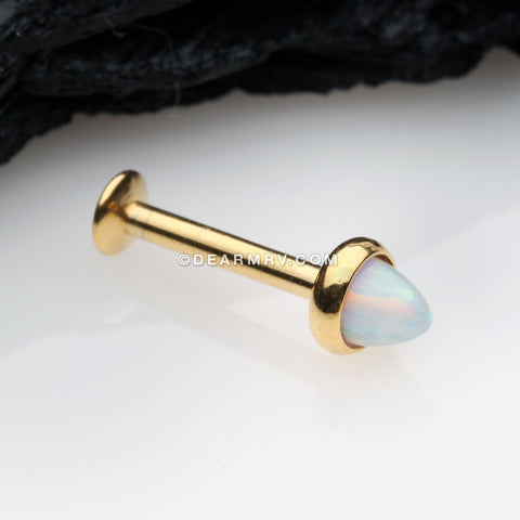 Detail View 1 of Golden Brilliant Fire Opal Spike Cone Internally Threaded Steel Labret-White Opal