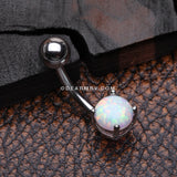 Fire Opal Prong Set Basic Steel Belly Button Ring-White Opal