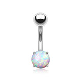 Fire Opal Prong Set Basic Steel Belly Button Ring-White Opal