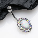 Victorian Fire Opal Florid Sparkle Belly Button Ring-White Opal/Aurora Borealis