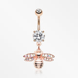 Rose Gold Honey Bee Sparkle Dangle Belly Button Ring-Clear