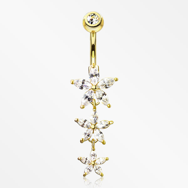 Golden Grand Sparkle Triple Marquise Sparkle Belly Button Ring-Clear Gem
