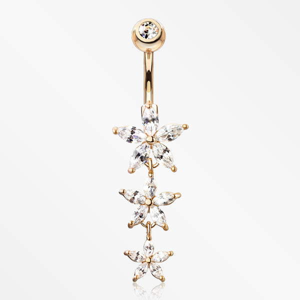 Rose Gold Grand Sparkle Triple Marquise Sparkle Belly Button Ring-Clear Gem
