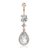 Rose Gold Brilliant Teardrop Lux Sparkle Dangle Belly Button Ring-Clear