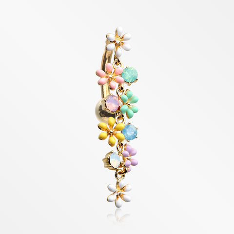 Golden Adorable Flower Dazzle Opalite Sparkle Reverse Belly Button Ring-Multi-Color