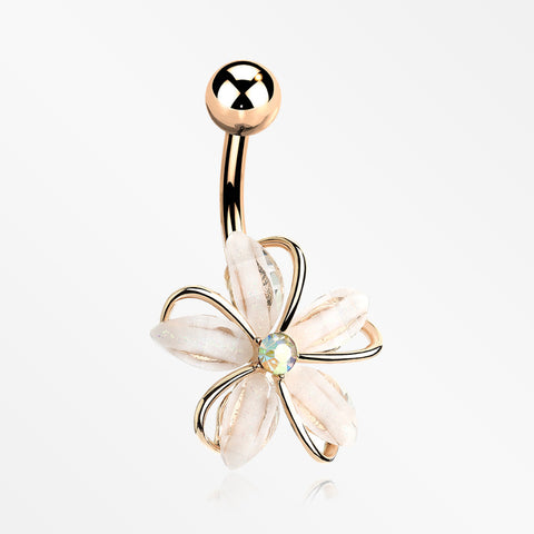 Rose Gold Sparkle Frosted Flower Shimmer Belly Button Ring-Clear Gem