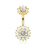 Golden Marquise Sparkle Flower Internally Threaded Belly Button Ring-Clear