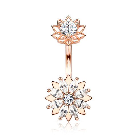 Rose Gold Marquise Sparkle Flower Internally Threaded Belly Button Ring-Clear